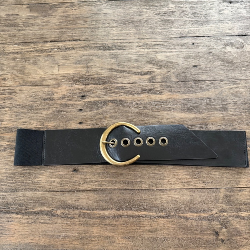 Black Wide‎ Elastic Waist Belt Gold Buckle Plus Size 2X/3X Stretchy
